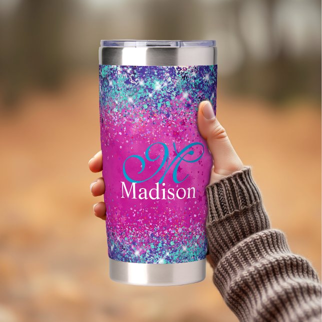 Chic aqua pink iridescent glitter monogram insulated tumbler (Creator Uploaded)
