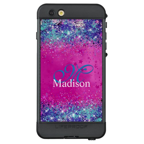 Chic aqua pink iridescent glitter monogram LifeProof ND iPhone 6s plus case
