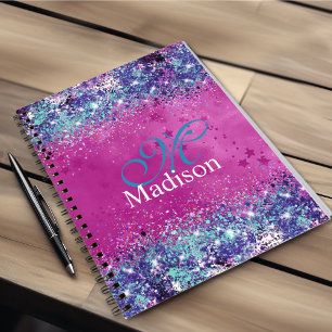 Chic aqua pink iridescent glitter monogram planner