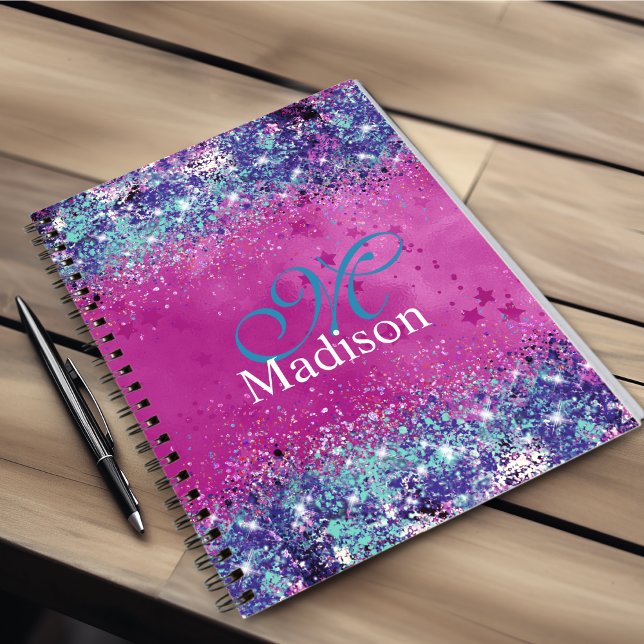 Chic aqua pink iridescent glitter monogram planner (Creator Uploaded)