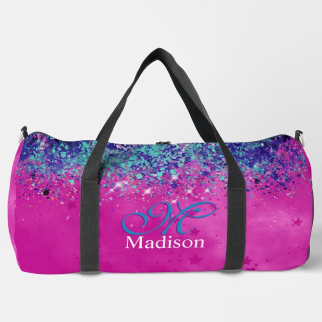 Chic aqua pink iridescent glitter monogram printed duffle bag (Front)
