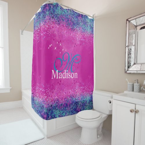 Chic aqua pink iridescent glitter monogram shower curtain