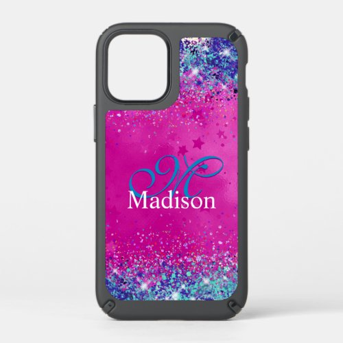 Chic aqua pink iridescent glitter monogram speck iPhone 12 mini case