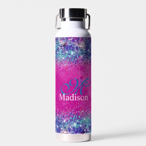 Chic aqua pink iridescent glitter monogram water bottle