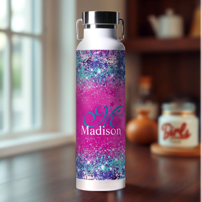 Chic aqua pink iridescent glitter monogram water bottle (Creator Uploaded)