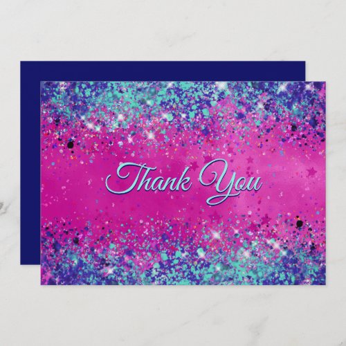Chic aqua pink iridescent glitter thank you card