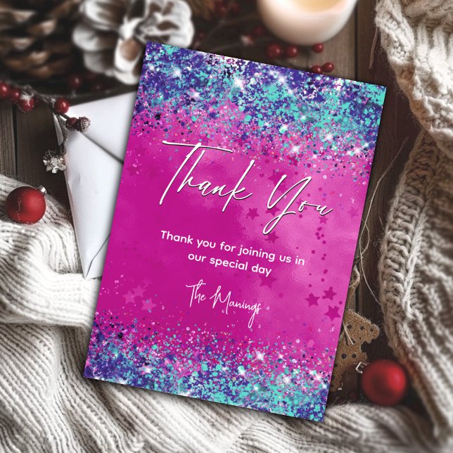 Chic aqua pink iridescent glitter thank you  card (Creator Uploaded)