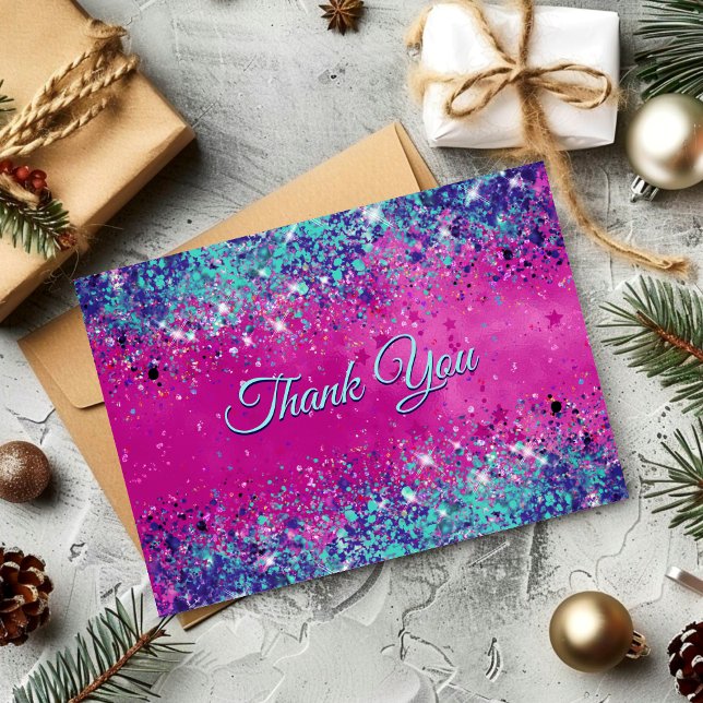 Chic aqua pink iridescent glitter thank you card (Creator Uploaded)