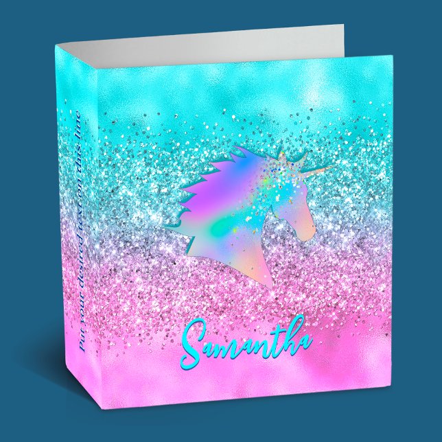 Chic Aqua Pink Unicorn Glitter glam monogram 3 Ring Binder (Creator Uploaded)