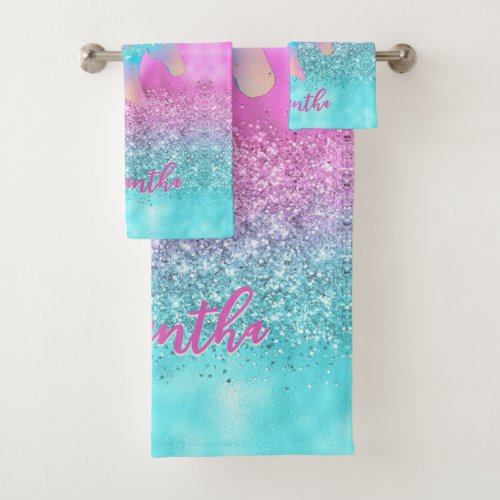 Chic Aqua Pink Unicorn Glitter glam monogram Bath Towel Set