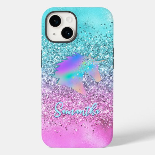 Chic Aqua Pink Unicorn Glitter glam monogram Case_Mate iPhone 14 Case
