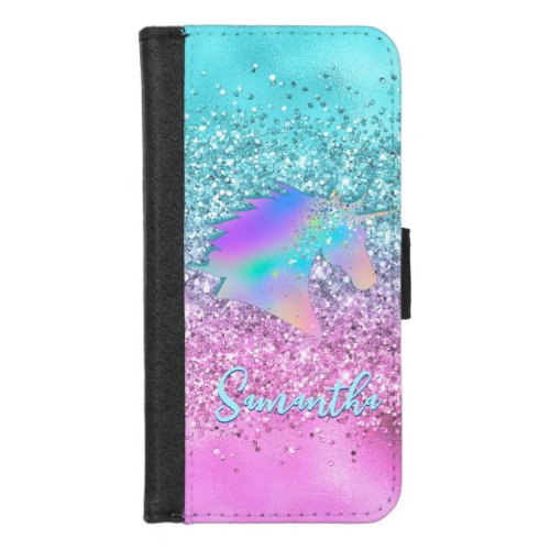 Chic Aqua Pink Unicorn Glitter glam monogram iPhone 87 Wallet Case
