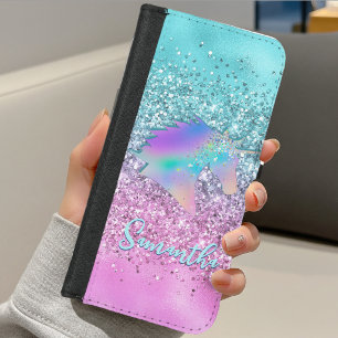 Chic Aqua Pink Unicorn Glitter glam monogram iPhone 8/7 Wallet Case