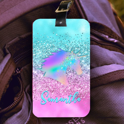 Chic Aqua Pink Unicorn Glitter glam monogram Luggage Tag