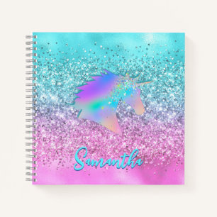Chic Aqua Pink Unicorn Glitter glam monogram Notebook