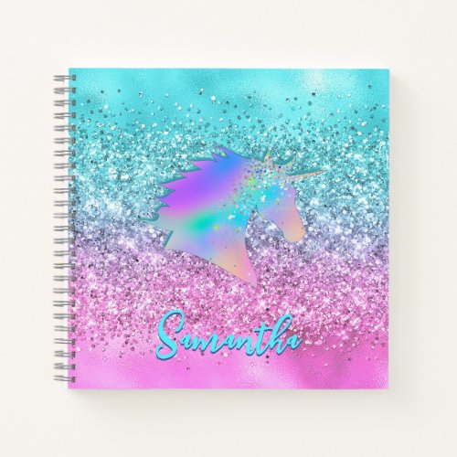 Chic Aqua Pink Unicorn Glitter glam monogram Notebook