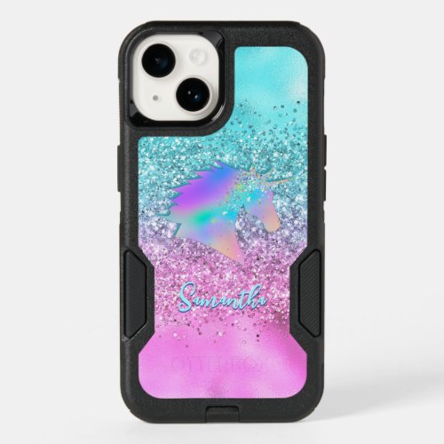 Chic Aqua Pink Unicorn Glitter glam monogram OtterBox iPhone 14 Case