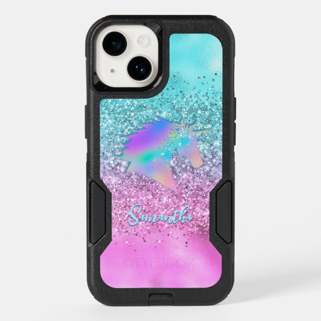 Chic Aqua Pink Unicorn Glitter glam monogram Otterbox iPhone Case (Back)