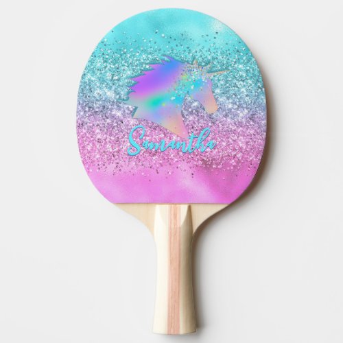 Chic Aqua Pink Unicorn Glitter glam monogram Ping Pong Paddle