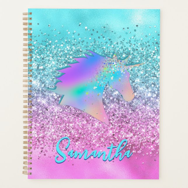 Chic Aqua Pink Unicorn Glitter glam monogram Planner (Front)