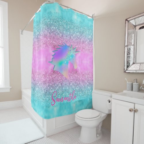 Chic Aqua Pink Unicorn Glitter glam monogram Shower Curtain