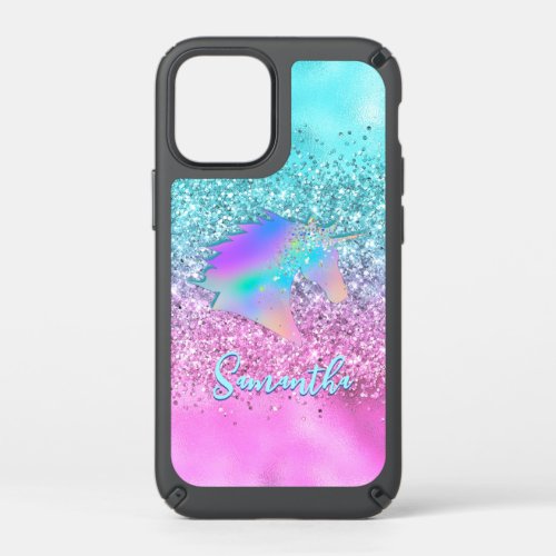 Chic Aqua Pink Unicorn Glitter glam monogram Speck iPhone 12 Mini Case