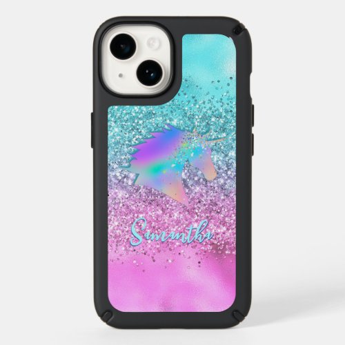 Chic Aqua Pink Unicorn Glitter glam monogram Speck iPhone 14 Case