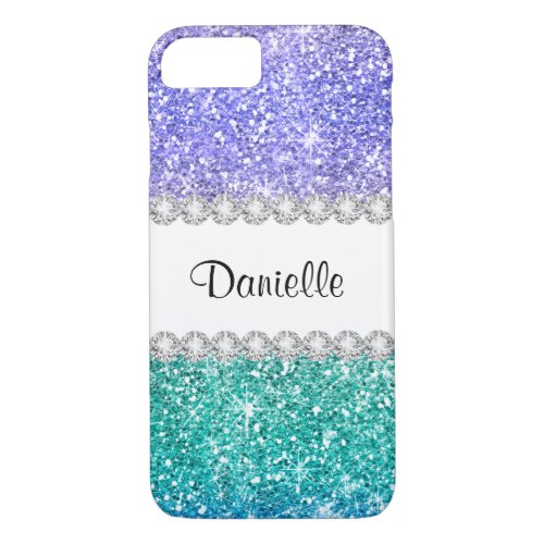 Chic Aqua Purple Glitter Ombre White Diamonds iPhone 87 Case