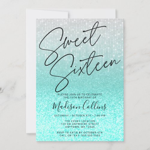 Chic Aqua Silver Glitter Sweet 16 Invitation