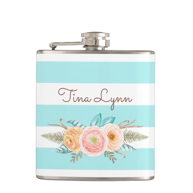 Chic Aqua Stripes Feminine Floral and Name Flask (Front)