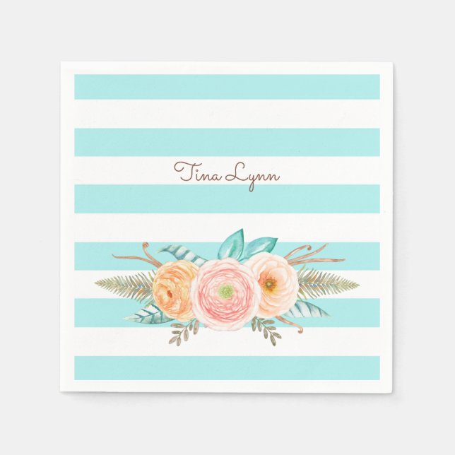 Chic Aqua Stripes Feminine Floral and Name Napkins (Front)