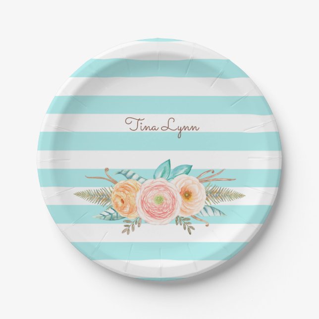 Chic Aqua Stripes Feminine Floral and Name Paper Plates (Front)