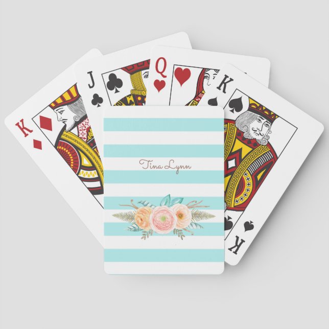 Chic Aqua Stripes Feminine Floral and Name Poker Cards (Back)