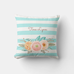 Chic Aqua Stripes Feminine Floral and Name Throw Pillow