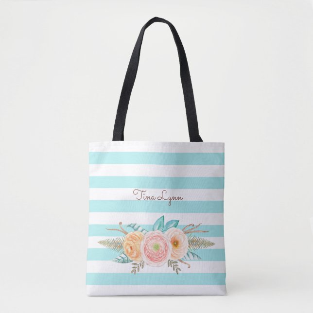 Chic Aqua Stripes Feminine Floral and Name Tote Bag (Front)