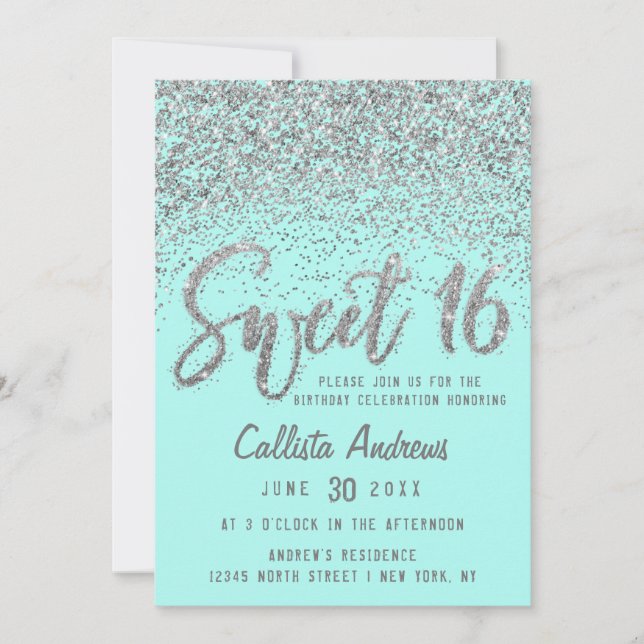 Chic Aqua Teal Silver Scattered Glitter Sweet 16 Invitation (Front)