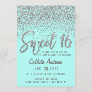 Chic Aqua Teal Silver Scattered Glitter Sweet 16 Invitation
