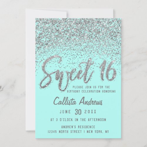 Chic Aqua Teal Silver Scattered Glitter Sweet 16 Invitation