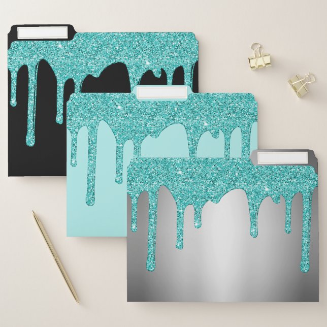 Chic Aqua Teal Turquoise Dripping Glitter File Folder (Set)