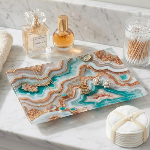 Chic Aqua Turquoise Blush Pink Rose Gold Marble Trinket Tray