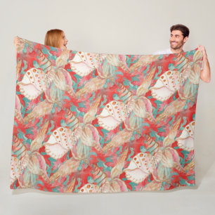 Chic Aqua Turquoise Coral Red Seashells Pattern Fleece Blanket