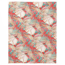 Chic Aqua Turquoise Coral Red Seashells Pattern