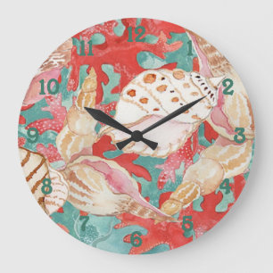 Chic Aqua Turquoise Coral Red Seashells Pattern Large Clock