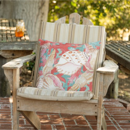 Chic Aqua Turquoise Coral Red Seashells Pattern Outdoor Pillow