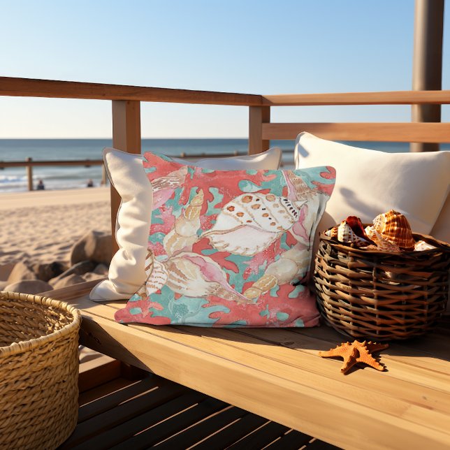 Chic Aqua Turquoise Coral Red Seashells Pattern Outdoor Pillow (Creator Uploaded)