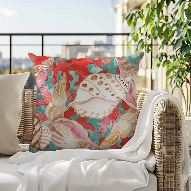 Chic Aqua Turquoise Coral Red Seashells Pattern Outdoor Pillow (Creator Uploaded)
