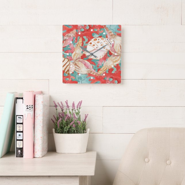 Chic Aqua Turquoise Coral Red Seashells Pattern Square Wall Clock (Reading Room)