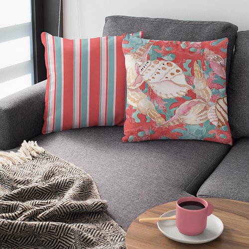 Chic Aqua Turquoise Coral Red Seashells Pattern Throw Pillow