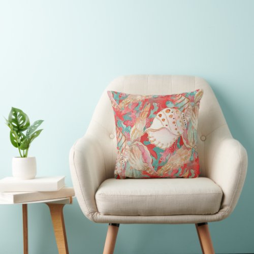 Chic Aqua Turquoise Coral Red Seashells Pattern Throw Pillow
