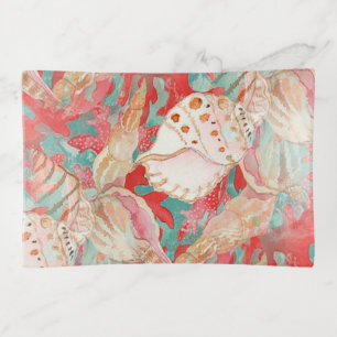 Chic Aqua Turquoise Coral Red Seashells Pattern Trinket Tray